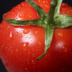 closeup photo of red tomato against black background